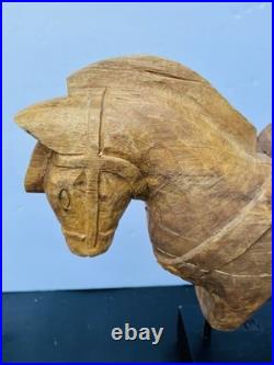 Vintage Indian Folk Art Hand Carved Wood Horse Architectural Fragment on Stand