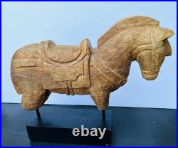 Vintage Indian Folk Art Hand Carved Wood Horse Architectural Fragment on Stand