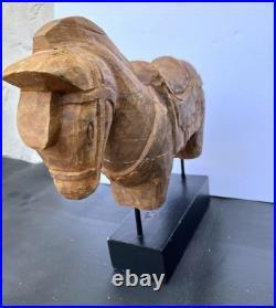 Vintage Indian Folk Art Hand Carved Wood Horse Architectural Fragment on Stand