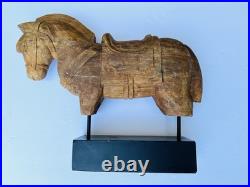 Vintage Indian Folk Art Hand Carved Wood Horse Architectural Fragment on Stand