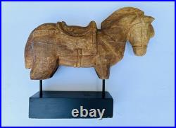 Vintage Indian Folk Art Hand Carved Wood Horse Architectural Fragment on Stand