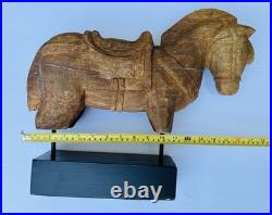 Vintage Indian Folk Art Hand Carved Wood Horse Architectural Fragment on Stand