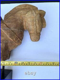 Vintage Indian Folk Art Hand Carved Wood Horse Architectural Fragment on Stand