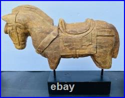 Vintage Indian Folk Art Hand Carved Wood Horse Architectural Fragment on Stand