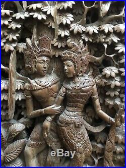 Vintage Indian Thai Figures Asian Wall Art Carved Carving Wood Panel 47cm x 23cm