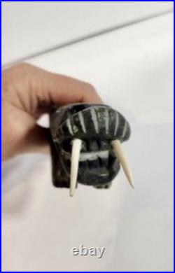 Vintage Inuit Shaman 1973 Signed Carving with Ivory Tusks