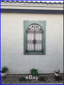 Vintage Iron Scroll Work Wood Wall Decor Weathered Green Door Window Gate Plaque