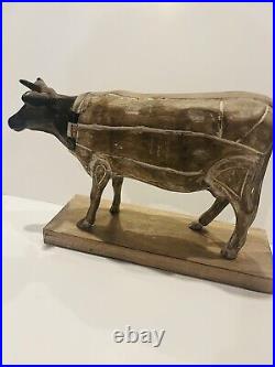 Vintage Iron &Wood Hand Carved Cow Folk Art