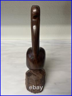 Vintage Iron Wood Hand Carved Folk Art Sculpture Pelican MCM Modernist