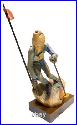 Vintage Italian ANRI Maple Wood Sculpture Downhill Olympic Alpine Skier