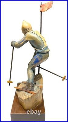 Vintage Italian ANRI Maple Wood Sculpture Downhill Olympic Alpine Skier