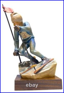 Vintage Italian ANRI Maple Wood Sculpture Downhill Olympic Alpine Skier