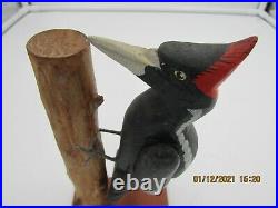 Vintage Ivory Billed Woodpecker Folk Art Carved & Painted Wood Signed LEL 1978