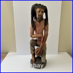 Vintage Jamaican Rasta Man Playing Conga Drummer Hand Carved Wood Sculpture