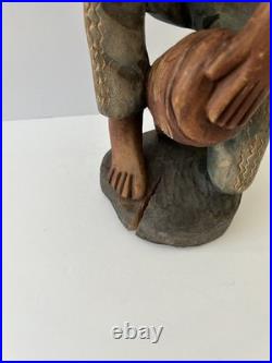 Vintage Jamaican Rasta Man Playing Conga Drummer Hand Carved Wood Sculpture