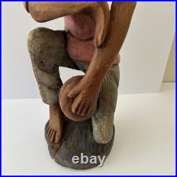 Vintage Jamaican Rasta Man Playing Conga Drummer Hand Carved Wood Sculpture