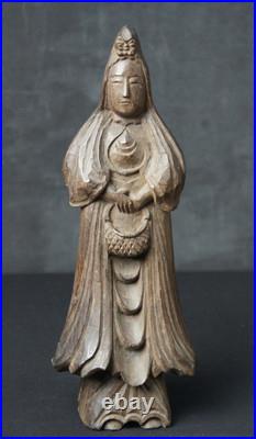 Vintage Japan Buddhist deity Kannon wood sculpture Kibori carving 1900