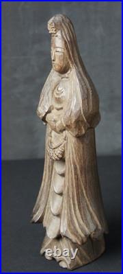 Vintage Japan Buddhist deity Kannon wood sculpture Kibori carving 1900
