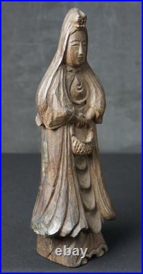 Vintage Japan Buddhist deity Kannon wood sculpture Kibori carving 1900