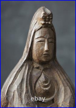 Vintage Japan Buddhist deity Kannon wood sculpture Kibori carving 1900