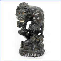 Vintage Japanese Large Carved Wood Sculpture Okimono Lion with Cubs 20th C