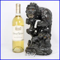 Vintage Japanese Large Carved Wood Sculpture Okimono Lion with Cubs 20th C