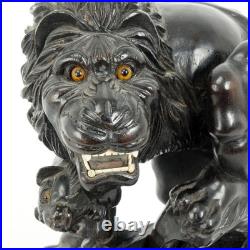 Vintage Japanese Large Carved Wood Sculpture Okimono Lion with Cubs 20th C