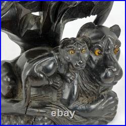 Vintage Japanese Large Carved Wood Sculpture Okimono Lion with Cubs 20th C