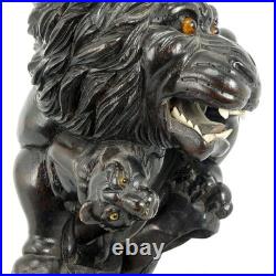 Vintage Japanese Large Carved Wood Sculpture Okimono Lion with Cubs 20th C