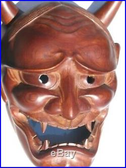 Vintage Japanese hand carving Wood Mask Horned Evil Demon Noh Hannya Oni mask