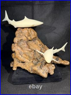 Vintage John Perry Shark Duo Sculpture Burl Wood Nautical Beach Decor