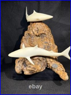 Vintage John Perry Shark Duo Sculpture Burl Wood Nautical Beach Decor