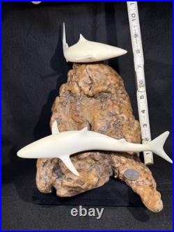 Vintage John Perry Shark Duo Sculpture Burl Wood Nautical Beach Decor