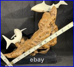 Vintage John Perry Shark Duo Sculpture Burl Wood Nautical Beach Decor