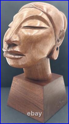 Vintage Jose J Pinal Wood Art Carving Bust of Woman Mexican Modernist Sculpture