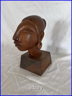 Vintage Jose J Pinal Wood Art Carving Bust of Woman Mexican Modernist Sculpture