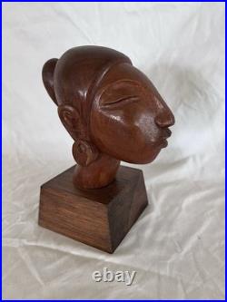 Vintage Jose J Pinal Wood Art Carving Bust of Woman Mexican Modernist Sculpture