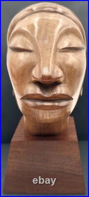 Vintage Jose J Pinal Wood Art Carving Bust of Woman Mexican Modernist Sculpture