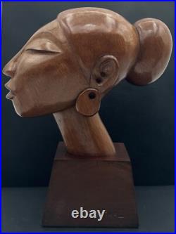 Vintage Jose J Pinal Wood Art Carving Bust of Woman Mexican Modernist Sculpture
