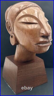 Vintage Jose J Pinal Wood Art Carving Bust of Woman Mexican Modernist Sculpture