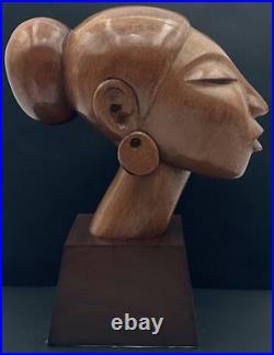 Vintage Jose J Pinal Wood Art Carving Bust of Woman Mexican Modernist Sculpture