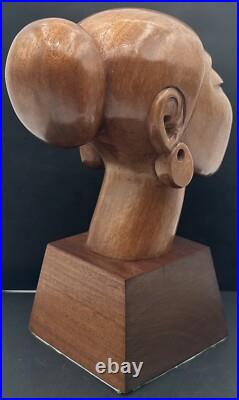 Vintage Jose J Pinal Wood Art Carving Bust of Woman Mexican Modernist Sculpture