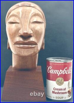 Vintage Jose J Pinal Wood Art Carving Bust of Woman Mexican Modernist Sculpture