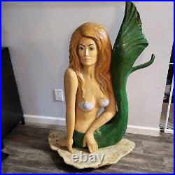 Vintage Jumbo Handcarved Handpainted Mermaid Solid Wood 2001 Signed & Dated