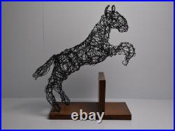 Vintage Jumping Wire Horse Sculpture Equestrian Art Wood Base Ranch Rodeo Farm
