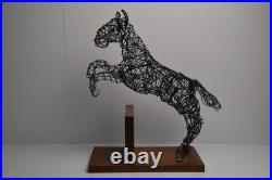 Vintage Jumping Wire Horse Sculpture Equestrian Art Wood Base Ranch Rodeo Farm