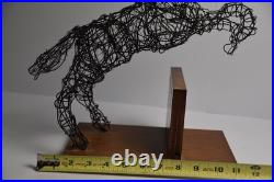 Vintage Jumping Wire Horse Sculpture Equestrian Art Wood Base Ranch Rodeo Farm