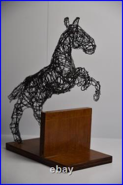 Vintage Jumping Wire Horse Sculpture Equestrian Art Wood Base Ranch Rodeo Farm