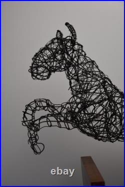 Vintage Jumping Wire Horse Sculpture Equestrian Art Wood Base Ranch Rodeo Farm