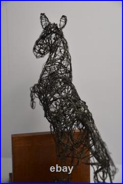 Vintage Jumping Wire Horse Sculpture Equestrian Art Wood Base Ranch Rodeo Farm